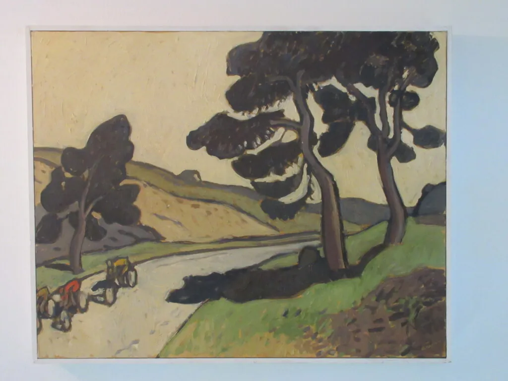 Expressionistisches Landschaftsgemälde mit Kiefern und Radfahrern
